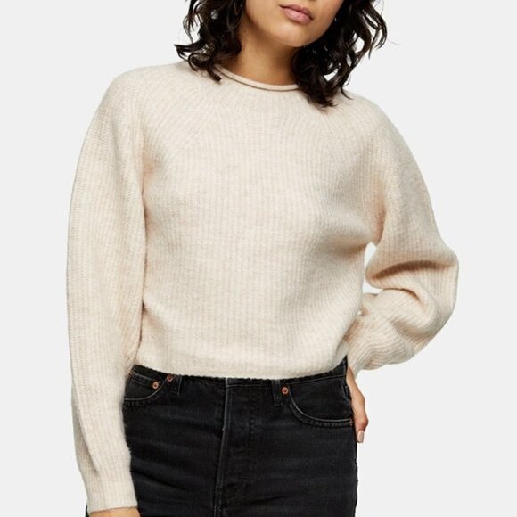 Topshop Ribbed Cropped Crew Neck Knitted Sweater Nude - Picture 1 of 12